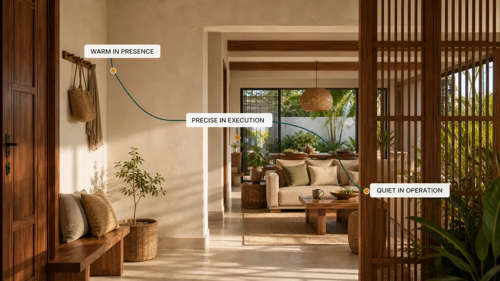 Morning light in a warm home connected by the phrases Warm in Presence, Precise in Execution, and Quiet in Operation.