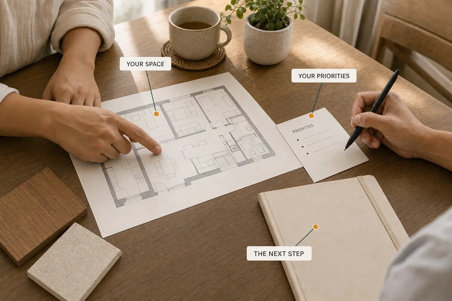 Two people discuss a home plan with callouts for Your Space, Your Priorities, and The Next Step.
