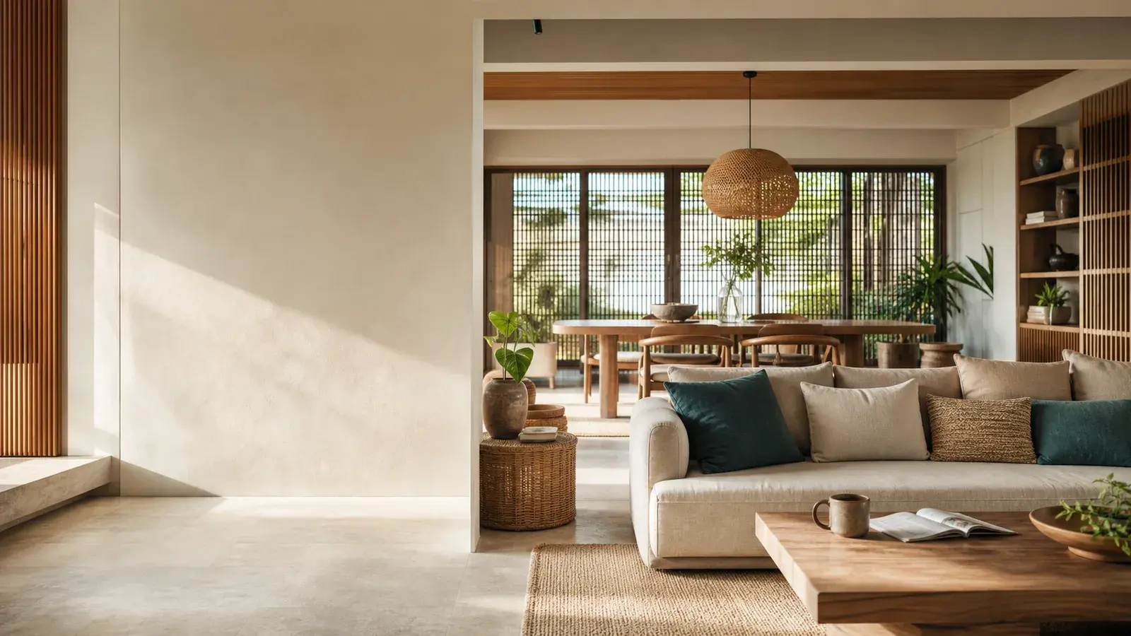 Warm, dawn-lit living and dining space with natural wood and woven textures.