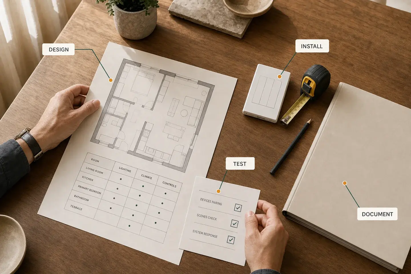 A residential floor plan and project materials labeled Design, Install, Test, and Document.