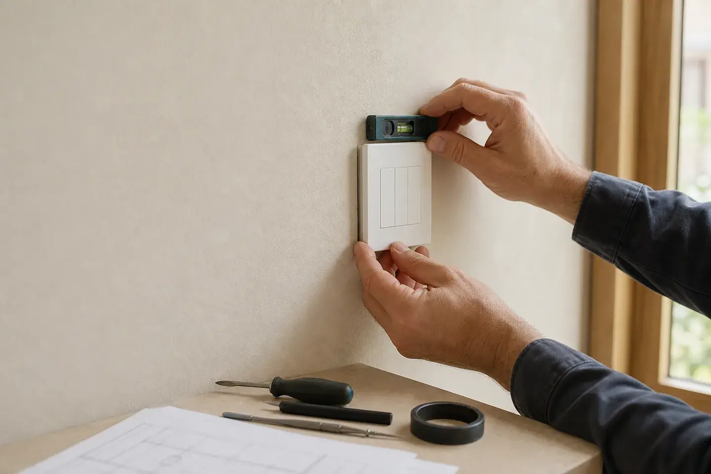 Hands check the alignment of a discreet wall control during a careful installation.