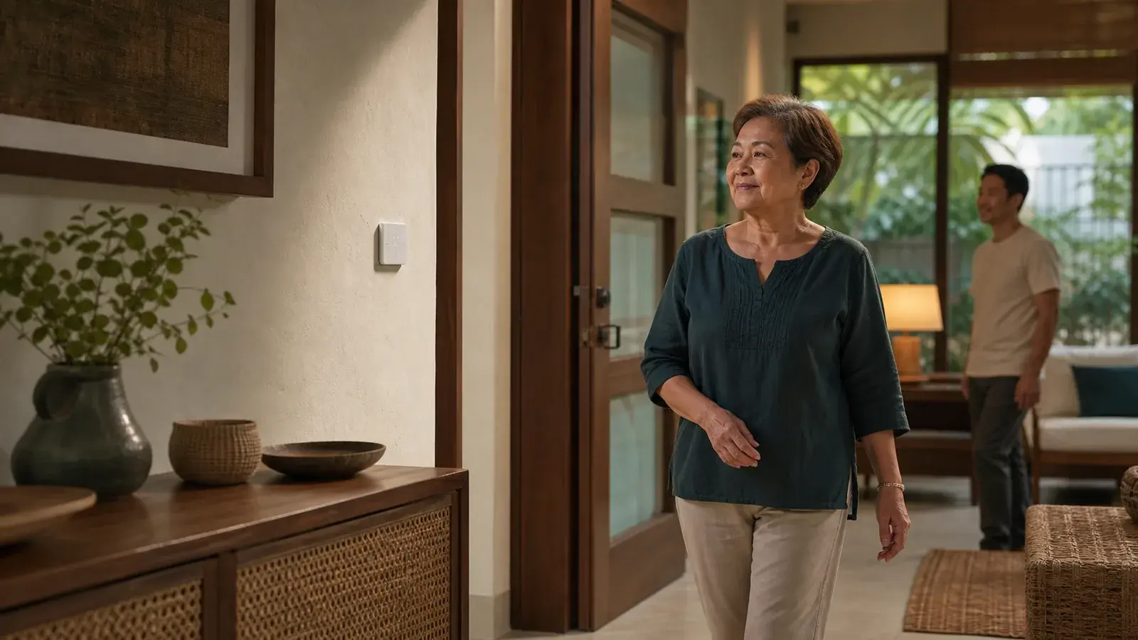 An older adult moves comfortably through a warm home with a family member nearby.