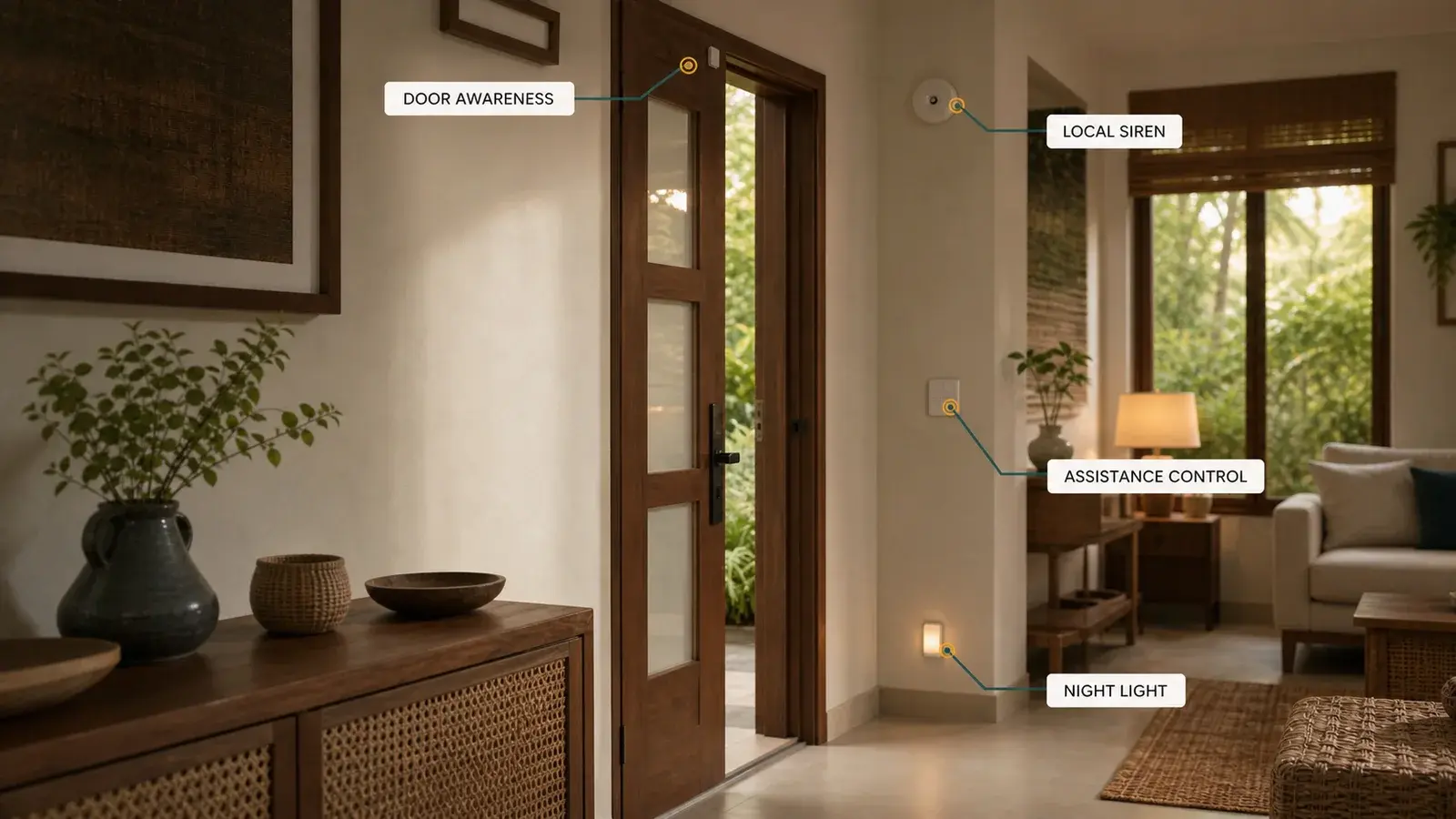 A calm entry hallway with callouts identifying door awareness, a local siren, an assistance control, and a night light.