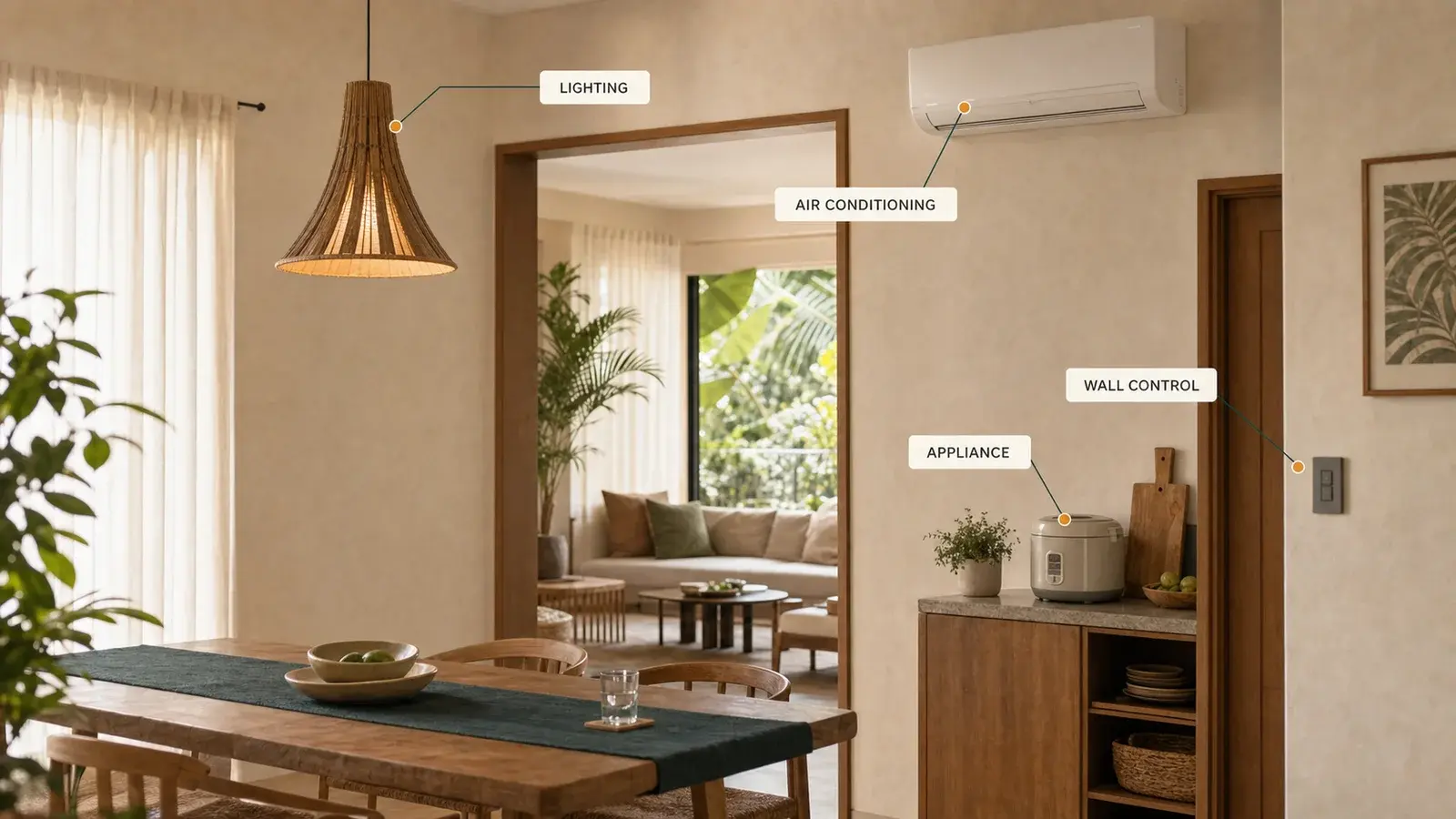 A warm living and dining space with callouts identifying lighting, air conditioning, an appliance, and a wall control.