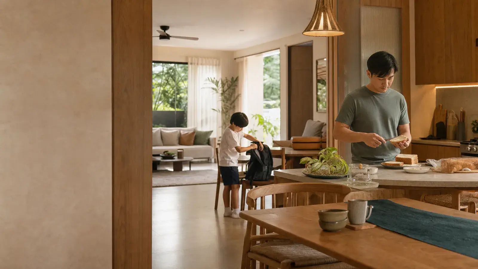 A parent prepares breakfast while a child gets ready for school in a calm, sunlit home.