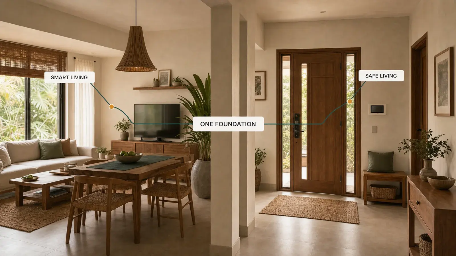 A connected living area and entry hallway labeled Smart Living, Safe Living, and One Foundation.